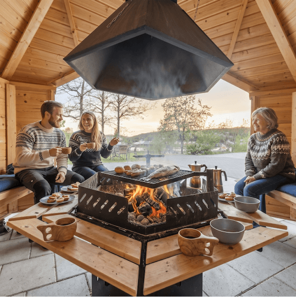 Vindskydd 10 m2 Royal med grill och bänkar - Halvrund timmer